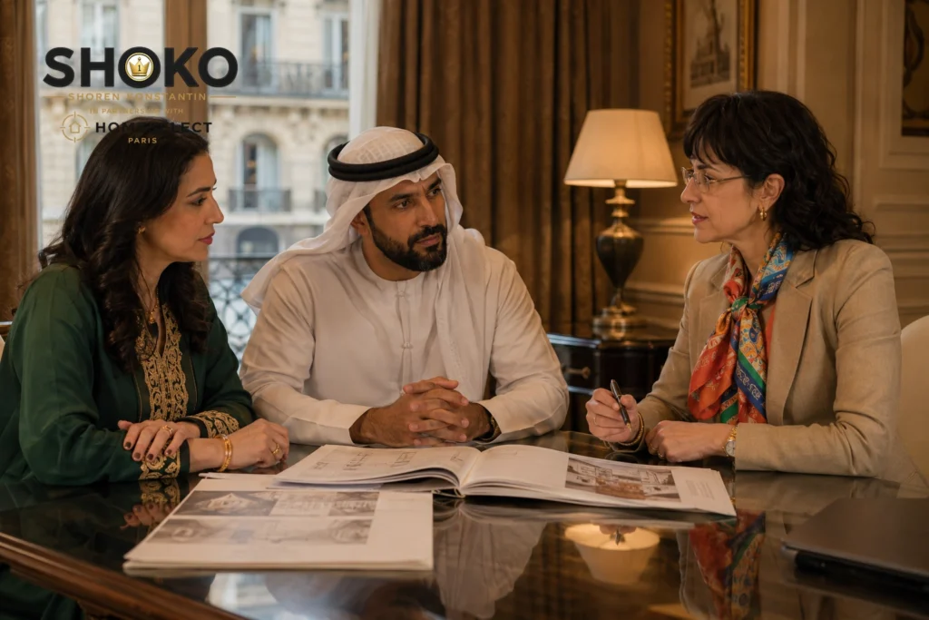 مستثمر خليجي يتفاوض على عقار في باريس مع وكيل شراء محترف في مكتب أنيق — وجوههم تعكس الثقة والتركيز
