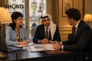 مستثمر عربي يجلس مع وكيل شراء في مكتب باريسي أنيق ويطرح أسئلة حول سوق العقارات الباريسي