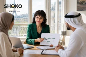 شوكو تقارن بين ملفين عقاريين أمام زوجين من الخليج في صالون شقة هوسمانية في باريس