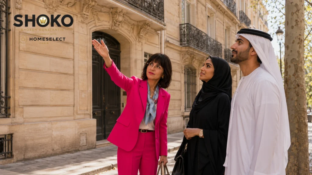 شوكو تستعرض واجهة مبنى هوسماني فاخر مع زوجين خليجيين في أحد أرقى شوارع باريس