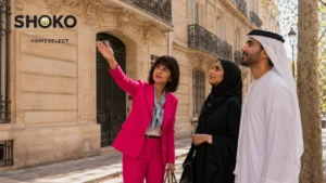 شوكو تستعرض واجهة مبنى هوسماني فاخر مع زوجين خليجيين في أحد أرقى شوارع باريس