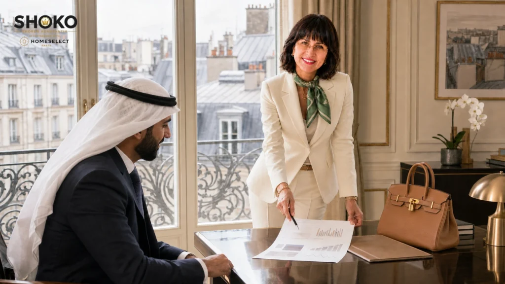 شوكو تستعرض مؤشرات السوق مع مستثمر خليجي في مكتب أنيق يطل على أسطح باريس